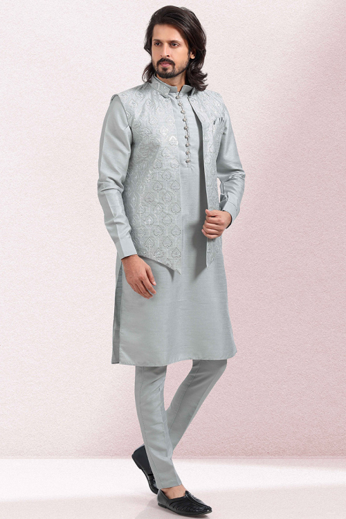 Light Grey Art Silk Embroidered Men Kurta Pajama