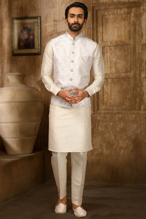 Light Grey Art Silk Jacket Style Men Kurta Pajama
