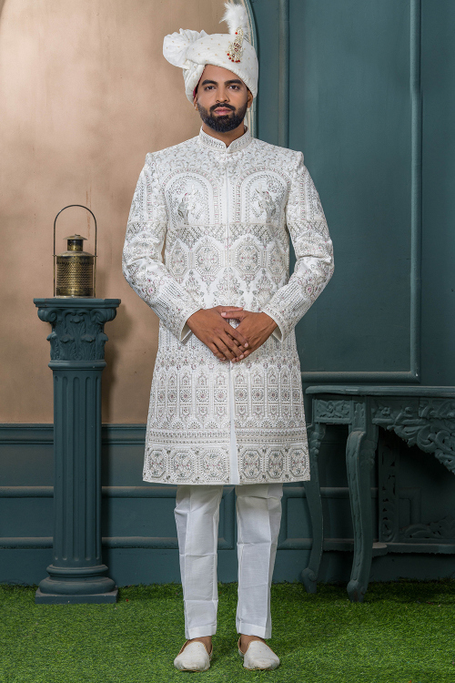 Light Grey Art Silk Men's Sherwani With Stone Work For Wedding