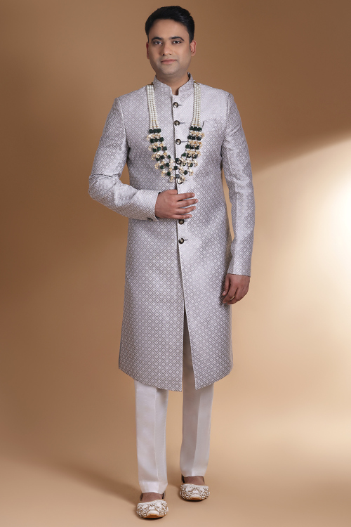 Light Grey Art Silk Men&#039;s Sherwani With Weaved Work