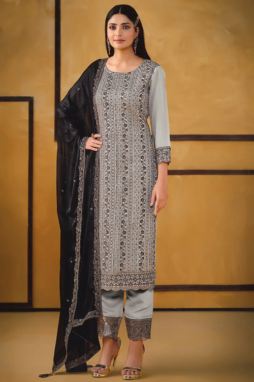 Light Grey Art Silk Straight Cut Trouser Suit With Dori Work