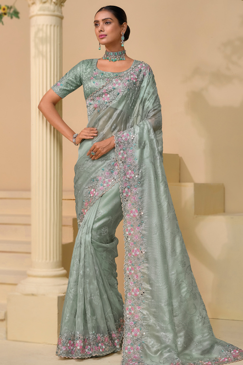Light Grey Beads Embroidered Organza Saree For Sangeet 