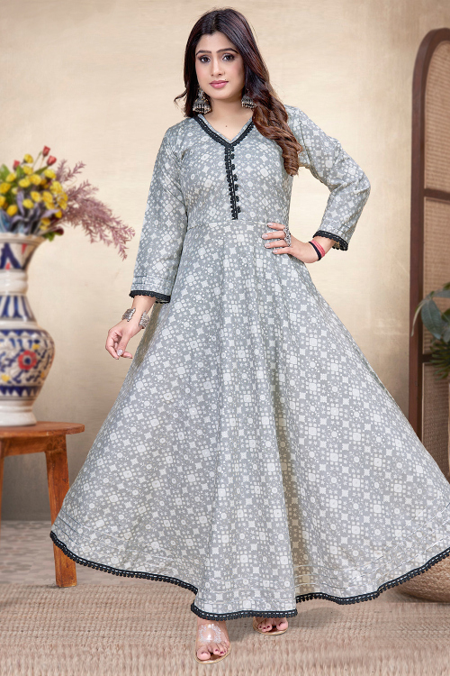 Light Grey Cotton Anarkali Style Ready Made Printed Kurti