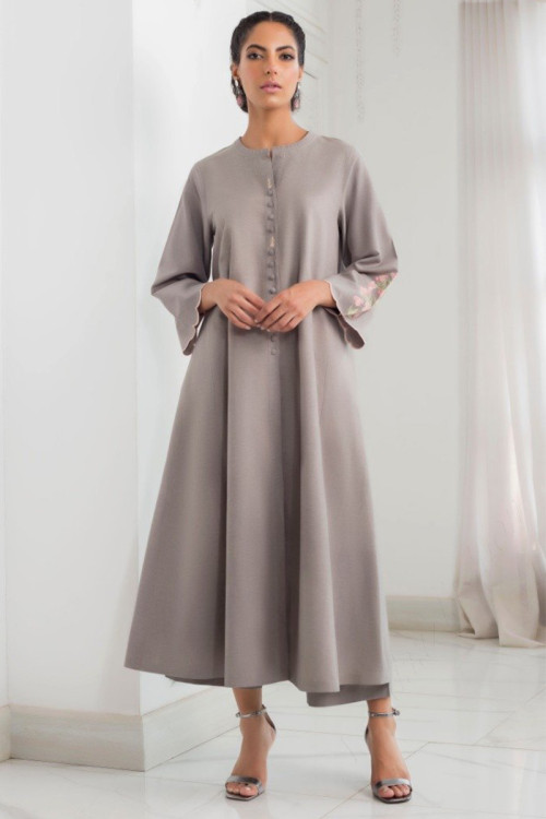 Light Grey Cotton Calf Length Trouser Suit for Eid