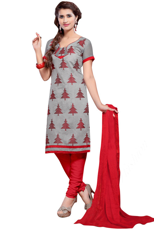 Light Grey Cotton Embroidered Churidar Suit