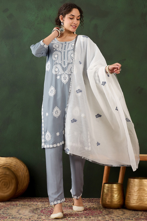 Elegant Light Grey Cotton Ready Made Suit with Chanderi Silk Dupatta