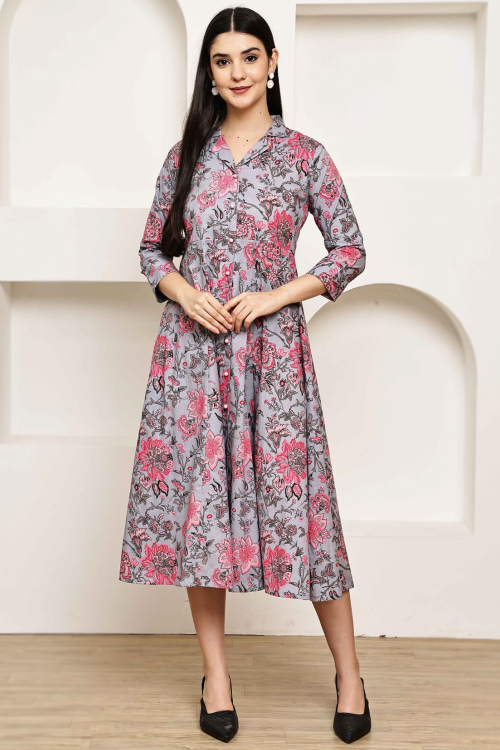 Light Grey Cotton Kurti With Printed Work For Casual Wear