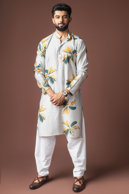 Light Grey Cotton Men's Kurta Pajama With Printed Work