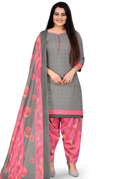 Light Grey Cotton Printed Casual Wear Patiala Suit 