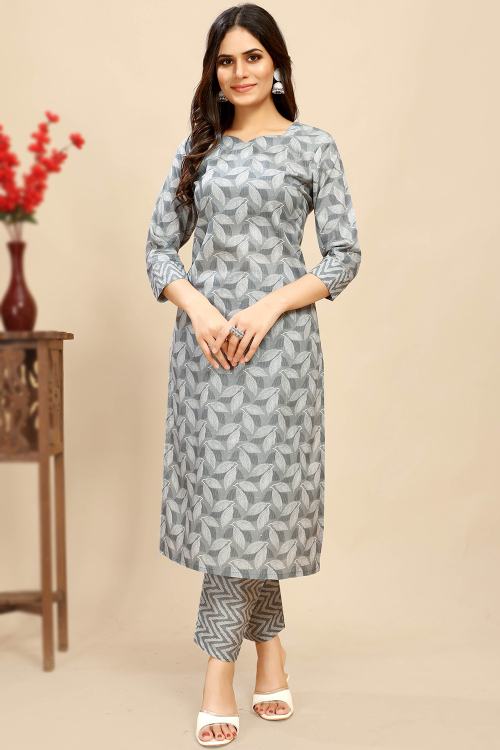 Light Grey Cotton Printed Ready Made Casual Wear Trouser Suit
