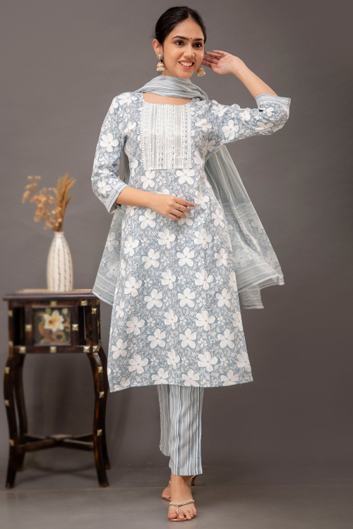 Light Grey Cotton Rayon Printed Straight Cut Trouser Suit 