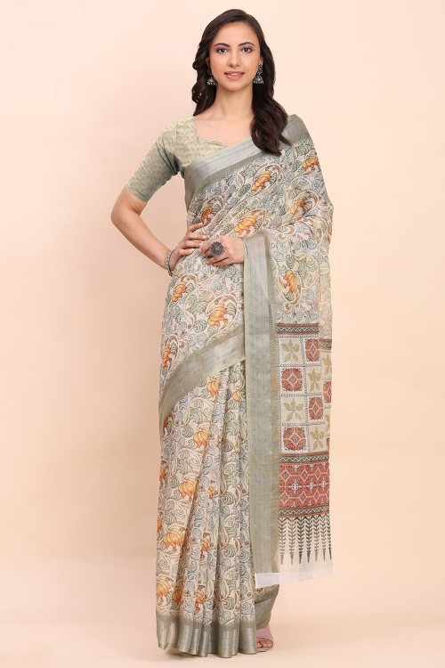 Light Grey Cotton Saree With Printed Work For Casual Wear