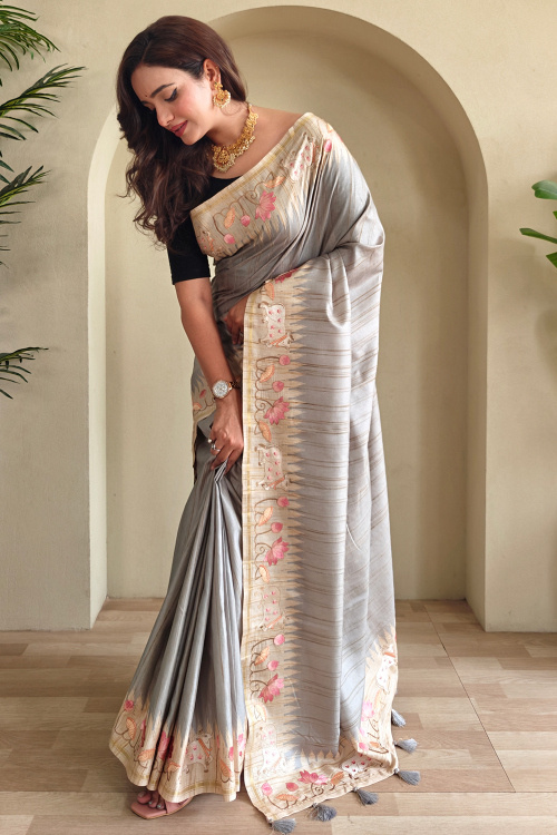 Light Grey Cotton Silk Weaved Saree For Festival