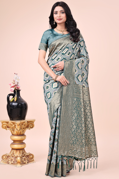 Light Grey Cotton Silk Weaved Zari Broad Border Saree 