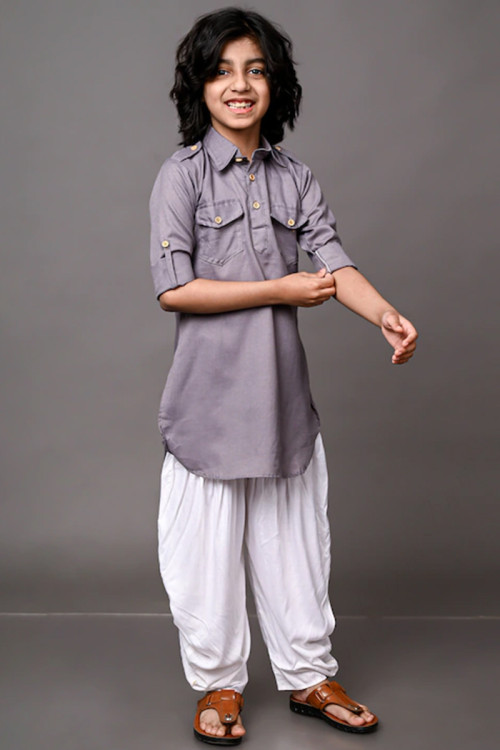 Light Grey Cotton Straight Cut Kid's Kurta Pajama