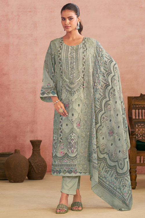 Light Grey Cotton Trouser Suit With Printed Work For Casual Wear