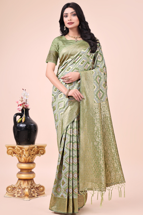 Light Grey Cotton Woven Zari Broad Border Saree