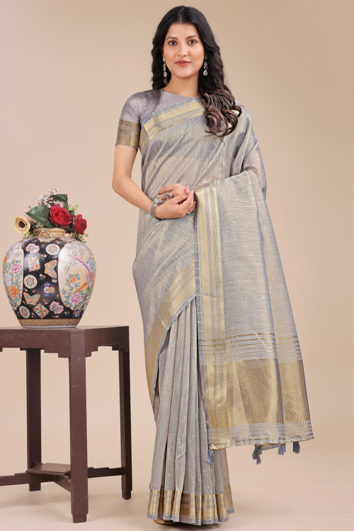 Light Grey Cotton Woven Zari Broad Border Saree