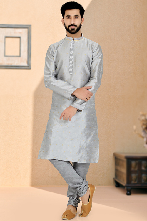Wedding Wear Zari Work Men Kurta Pajama in Dupion Silk Light Grey