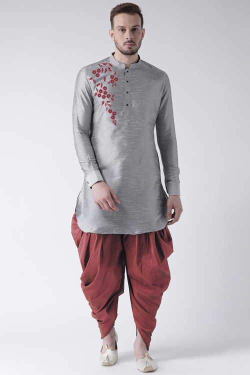 Light Grey Dupion Silk Embroidered Straight Cut Kurta 