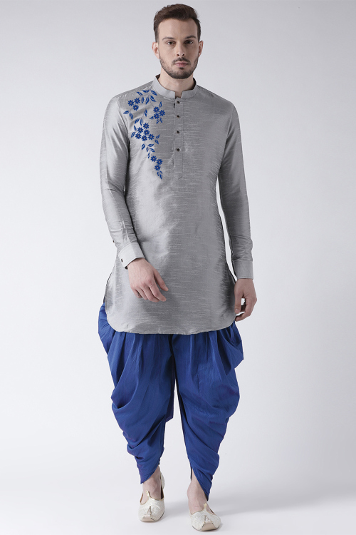 Light Grey Dupion Silk Embroidered Straight Cut Men's Kurta Dhoti