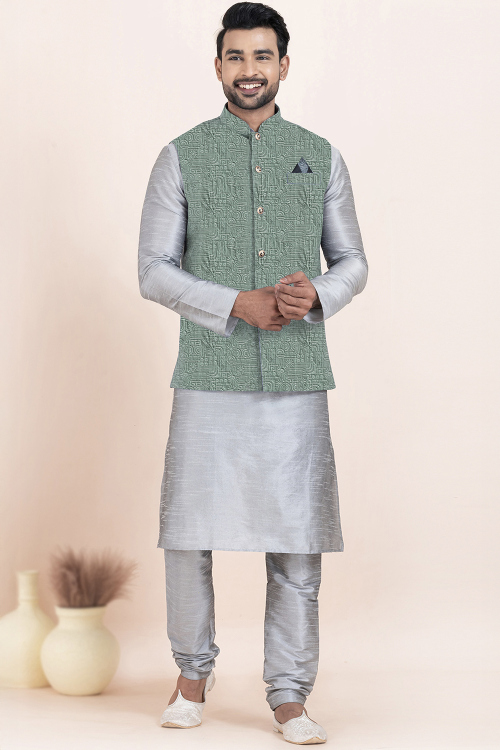 Light Grey Dupion Silk Jacket Style Men&#039;s Kurta With Churidar