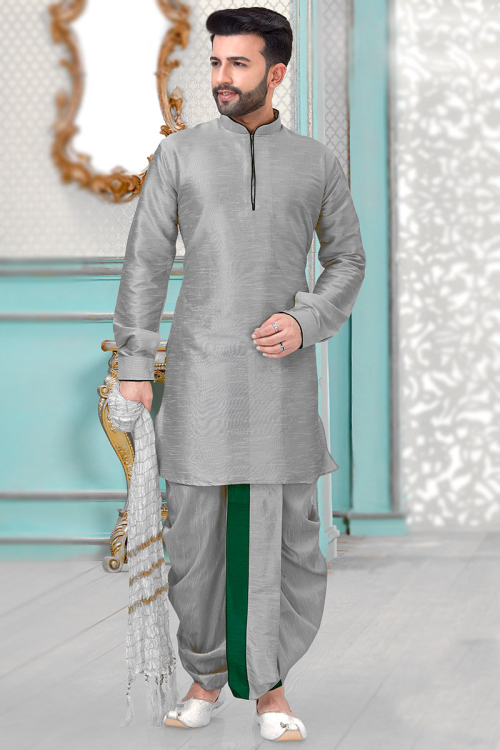 Light Grey Dupion Silk Men Kurta With Dhoti