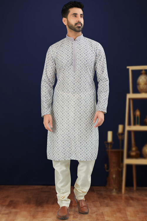Light Grey Embroidered Cotton Straight Cut Men's Kurta Pajama