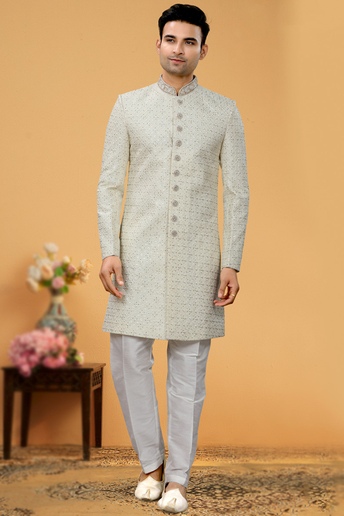 Light Grey Embroidered Men Sherwani 
