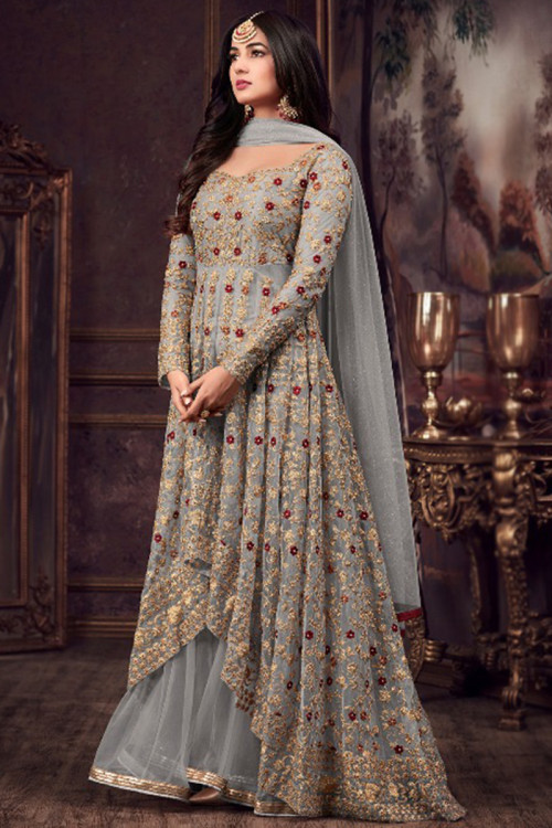 Light Grey Embroidered Net High And Low Anarkali Suit 