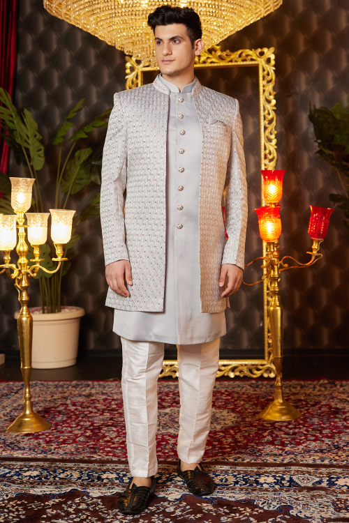 Light Grey Embroidered Silk Blend Jacket Style Men's Sherwani