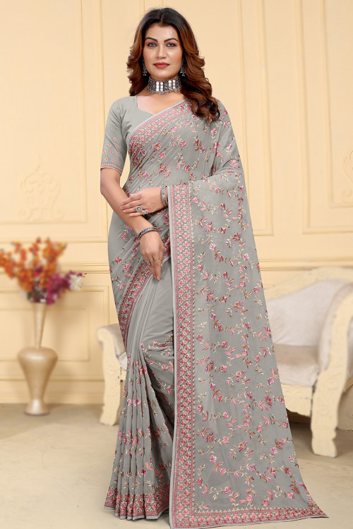 Light Grey Georgette Embroidered Casual Wear Lightweight Saree
