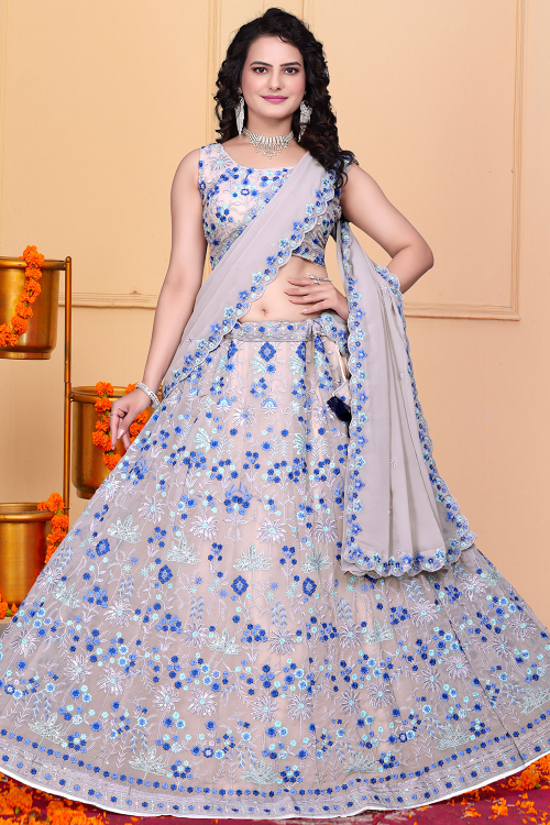 Light Grey Georgette Embroidered Panelled Style Lehenga 