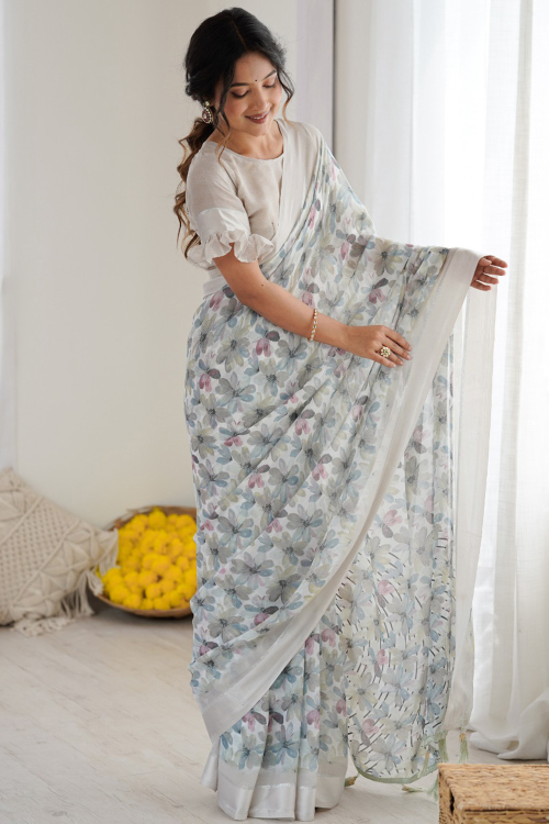 Light Grey Georgette Saree With Printed Work For Festival