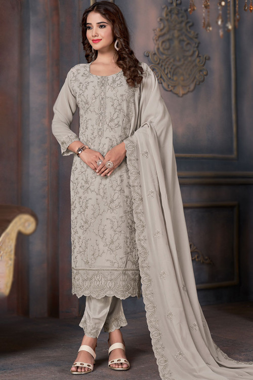 Light Grey Georgette Sequins Embroidered Trouser Suit 