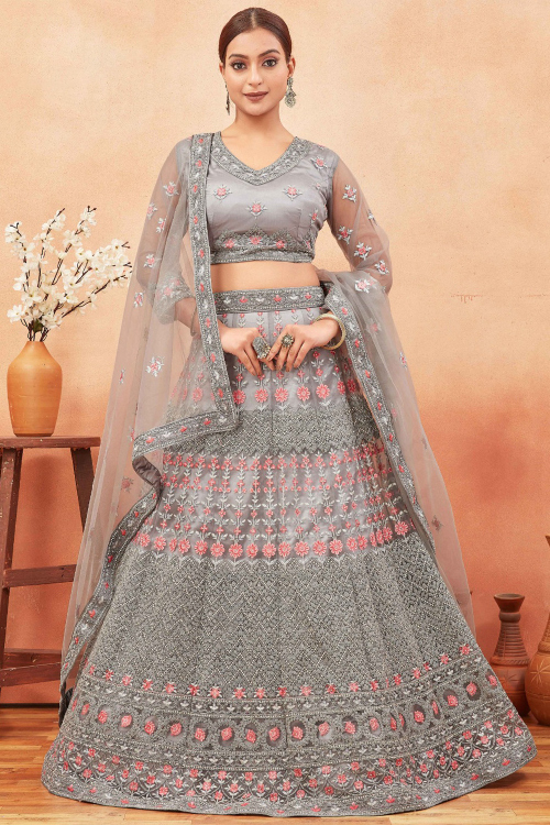 Light Grey Net A Line Lehenga With Stone Work For Festival