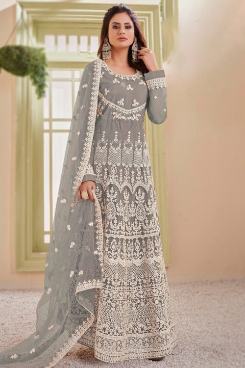 Net Light Grey Stone Embroidered Wedding Wear Anarkali Suit