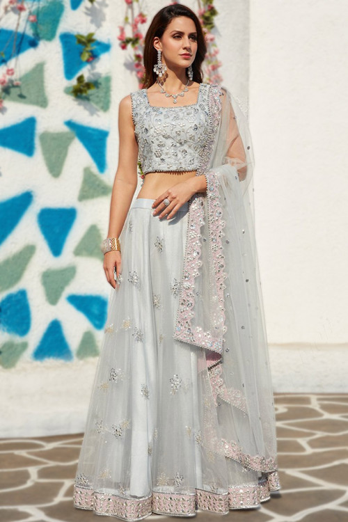 Light Grey Net Embroidered Party Wear Lehenga