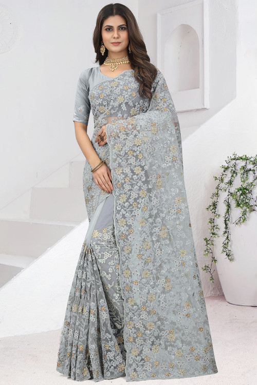 Net Light Grey Dori Embroidered Wedding Wear Saree