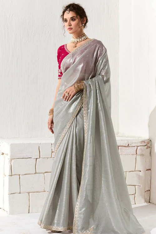 Light Grey Organza Saree With Sequins Work For Diwali