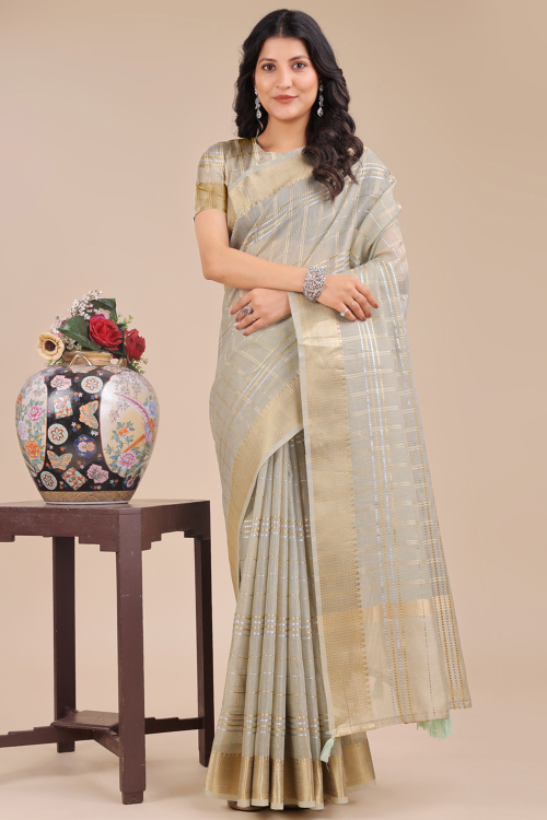 Light Grey Organza Woven Zari Regional Saree