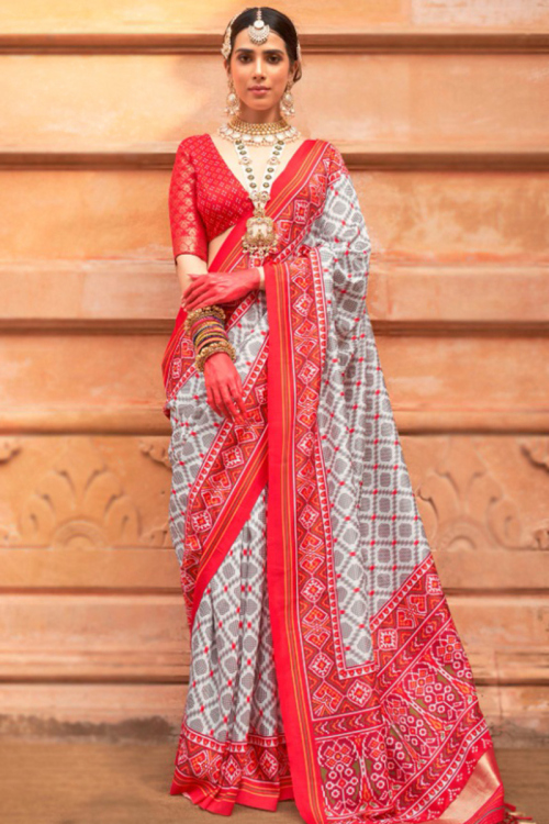 Light Grey Patola Printed Silk Saree