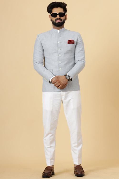 Light Grey Plain Linen Jodhpuri Style Men's Coat Pant