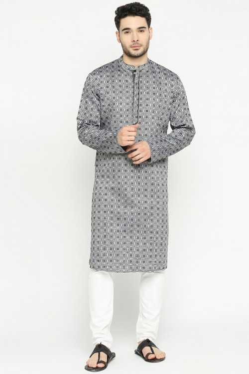 Light Grey Printed Cotton Casual Wear Men's Kurta Pajama