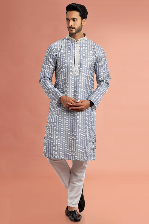 Light Grey Printed Cotton Men's Kurta Pajama For Eid 