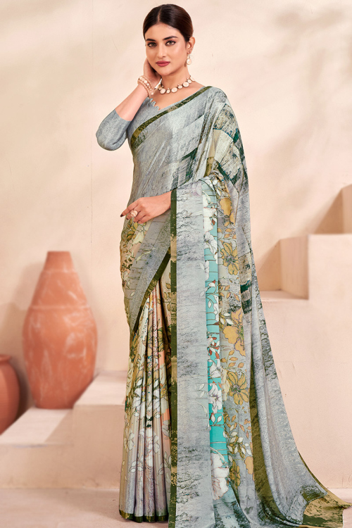 Light Grey Printed Crepe Light Weight Saree