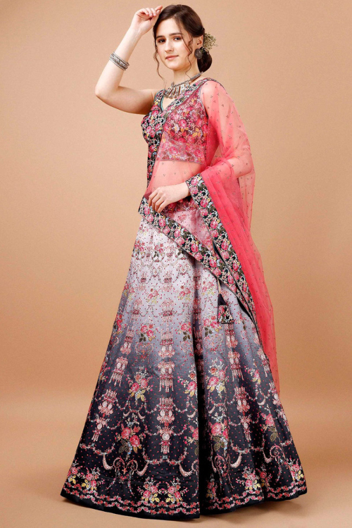 Light Grey Printed Panelled Style Satin Silk Lehenga