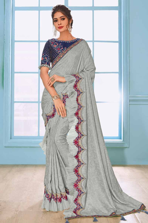 Light Grey Raw Silk Ruffle Saree With Banglori Silk Blouse