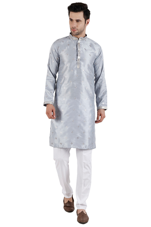 Light Grey Sequins Embroidered Cotton Silk Men's Kurta Pajama 