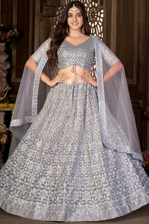 Light Grey Sequins Embroidered Net A-line Lehenga 
